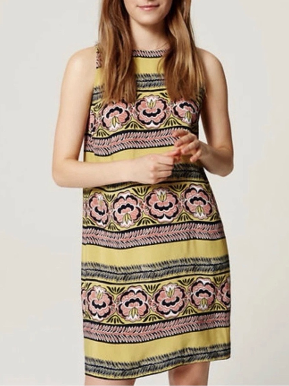 LOFT Yellow Shift Dress with Pink Floral Stripes